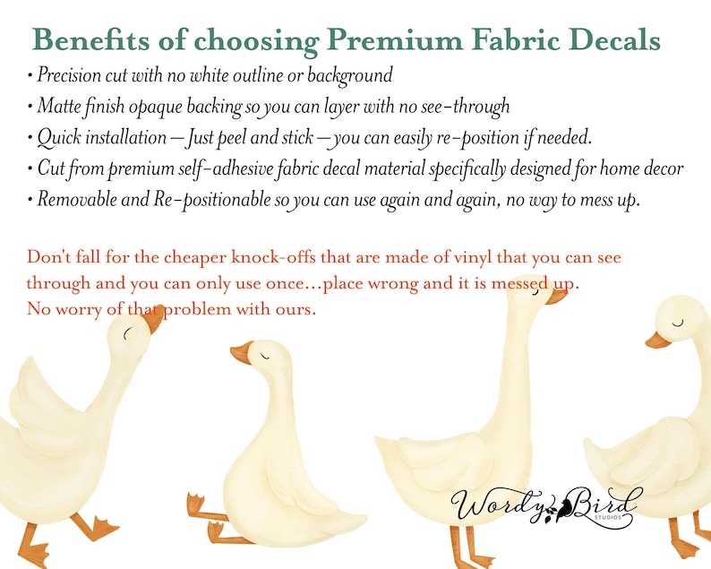 May include: Three white fabric decals of geese, each in a different pose. The decals are precision cut with no white outline or background. The text "Wordy Bird Studios" is in the bottom right corner of the image.