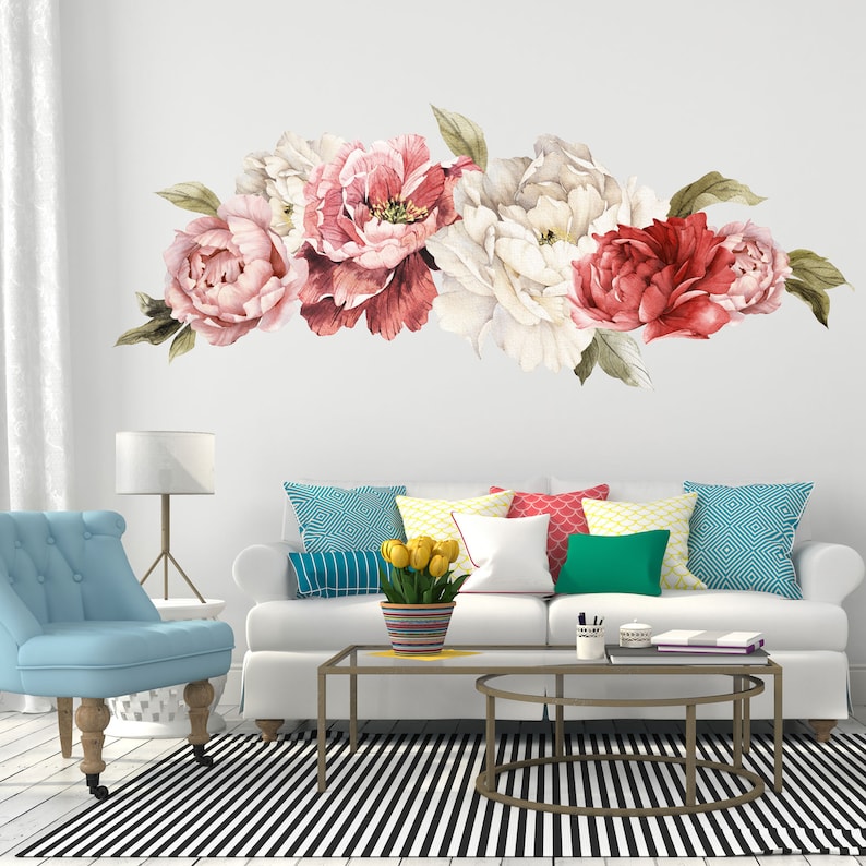 giant peony wall stickers floral wall mural watercolor | etsy