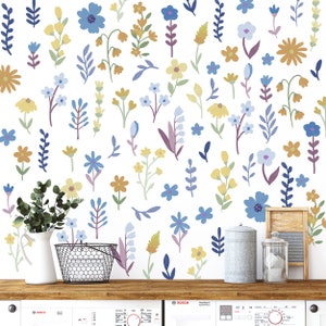 Blue Wildflower Wall Decals, Cottage Nursery Decor, Watercolor Flower Wall Art, Flower Wall Decals, Removable Floral Wall Stickers  - WB077C