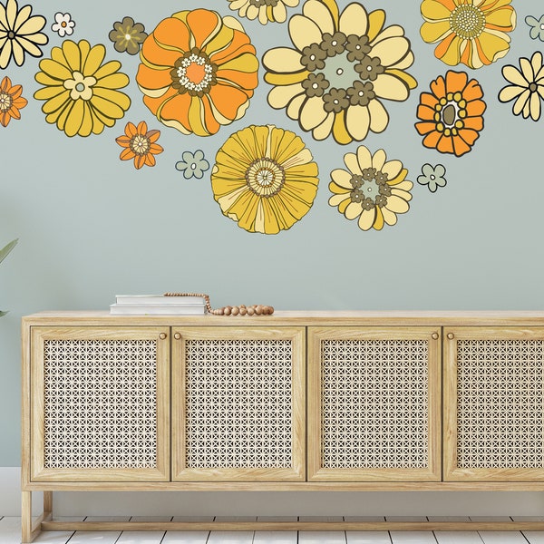 Large Daisy Wall Decals - Boho Floral Nursery Decor Wall Art, Bold Graphic Style Flower Wall Stickers, Set of 30, great for dorms  - WB053