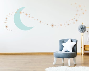 Moon and Starbursts Wall Decal Set, includes one Moon and 66 Star decals in assorted sizes, Great Space theme wall decor WB1616