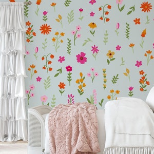 Stickers muraux fleurs sauvages, décoration de chambre d'enfant, art mural floral aquarelle, sticker mural marguerite, stickers muraux fleurs réutilisables et amovibles WB077 image 4