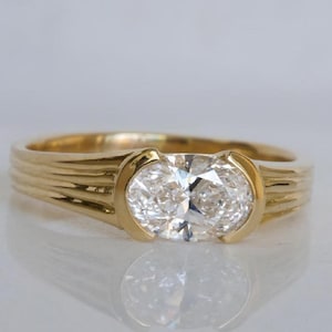 2CT Oval Cut Moissanite Ring 14k Solid Yellow Gold Half Bezel Set Ring Designer Band Anniversary Ring  Antique Ring Diamond Ring For Her