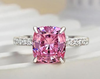 Pink Stone Cushion Cut Engagement Ring Silver Stunning Moissanite Hidden Halo Ring Wedding Ring Anniversary or Valentine Gift Ring for Her