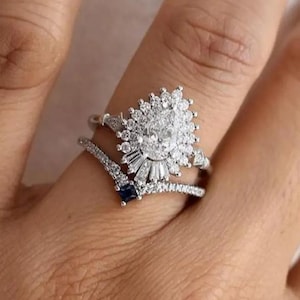 Vintage Halo Oval Moissanite Diamond Engagement Ring Art Deco Pear Cut Bridal Ring Set 14K Gold Bridal Ring Set Wedding Ring Promise Ring