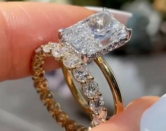 3 CT Radiant Cut Moissanite wedding Bridal Ring Set, Gift For Her, Wedding Band, Promise Ring Set, Unique Solitaire ring with stacking band