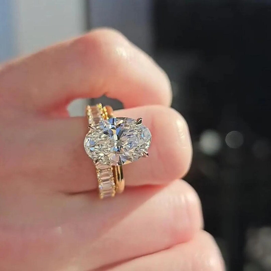 4CT Oval Cut Moissanite Bridal Ring, 14k Solid Gold Engagement Ring Set ...