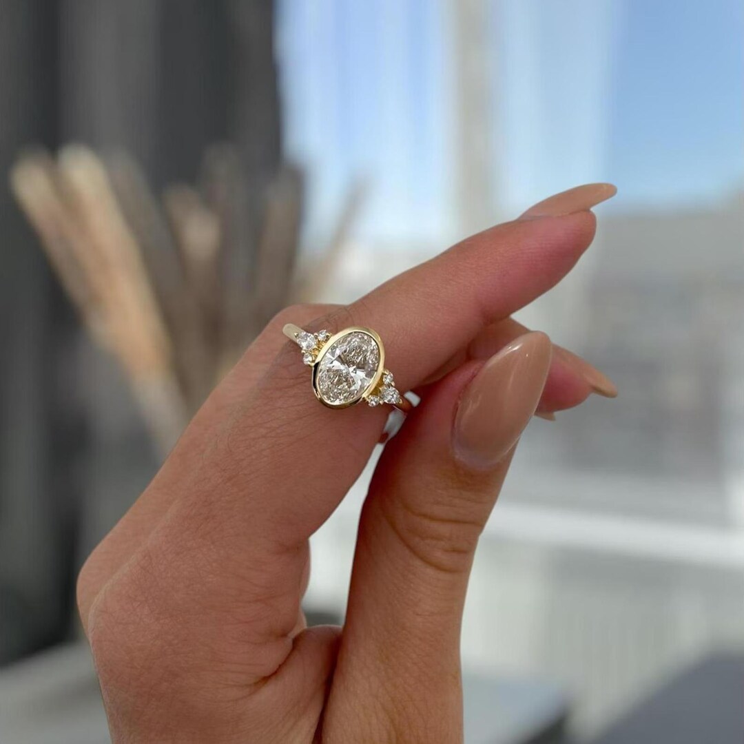 2CT Oval Cut Moissanite Bezel Set Engagement Ring 14k Solid Yellow Gold ...