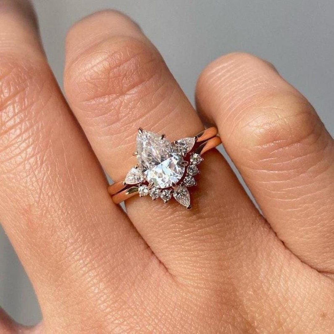 2CT Pear Cut Moissanite Three Stone Engagement Ring Set 14K Solid Gold ...
