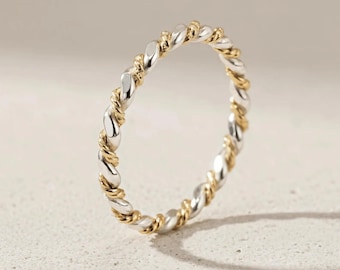 Solid 14K Gold Two-Tone Twist Ring Faceted Yellow and White Gold Band, Proposal Band Ring, Promise Ring Gift For Her