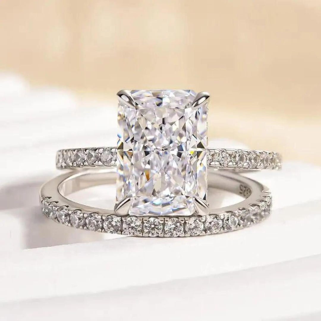 3CT Radiant Cut Moissanite Wedding Bridal Set Ring , 14K Solid Gold ...