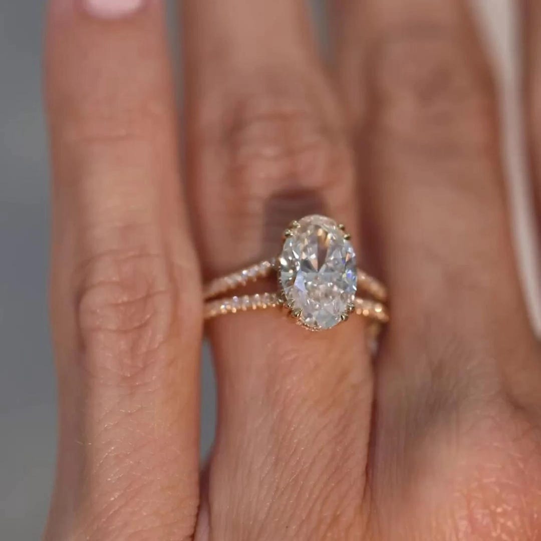 2CT Oval Cut Moissanite Engagement Ring 14k Solid Gold Hidden Halo With ...