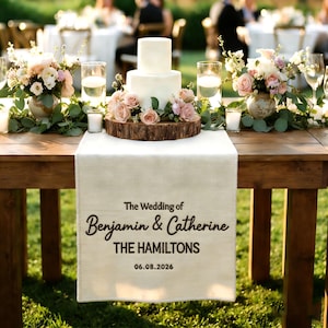 Puede incluir: Una tarta de boda blanca de dos pisos decorada con rosas rosas sobre una base de madera. La tarta es el centro de una mesa de boda, adornada con arreglos florales y velas. Un camino de mesa de lino dice "The Wedding of Benjamin & Catherine THE HAMILTONS 06.08.2026."