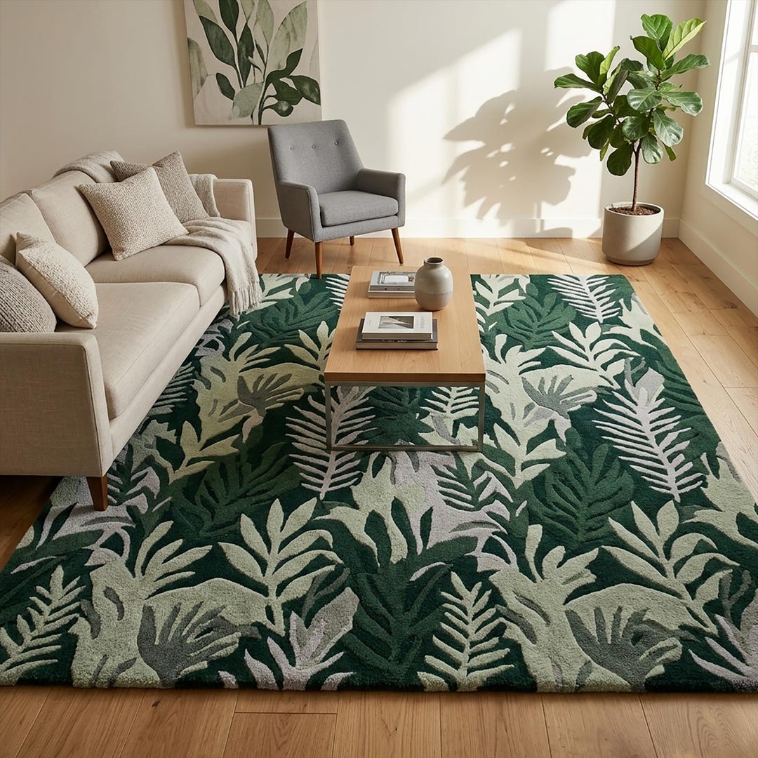 Forest Green Leaf Wool Rug, Hand Tufted Botanical Living Room Rug - Etsy