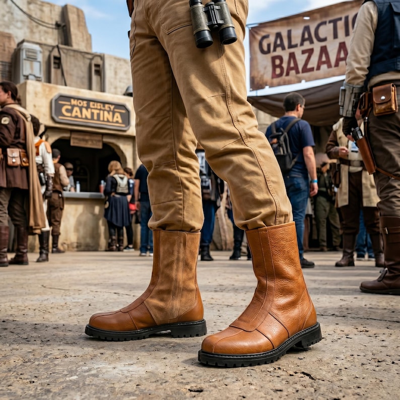 Custom Brown leather Mandalorian cosplay boots handmade for Halloween costumes, Comic Con, LARP events, and sci-fi convention cosplay. Rugged armored bounty hunter silhouette built to your exact measurements — foot length, width, instep and heel circumference. All sizes available including wide and extra-large. Crafted by expert artisans. Free worldwide tariff-free shipping.