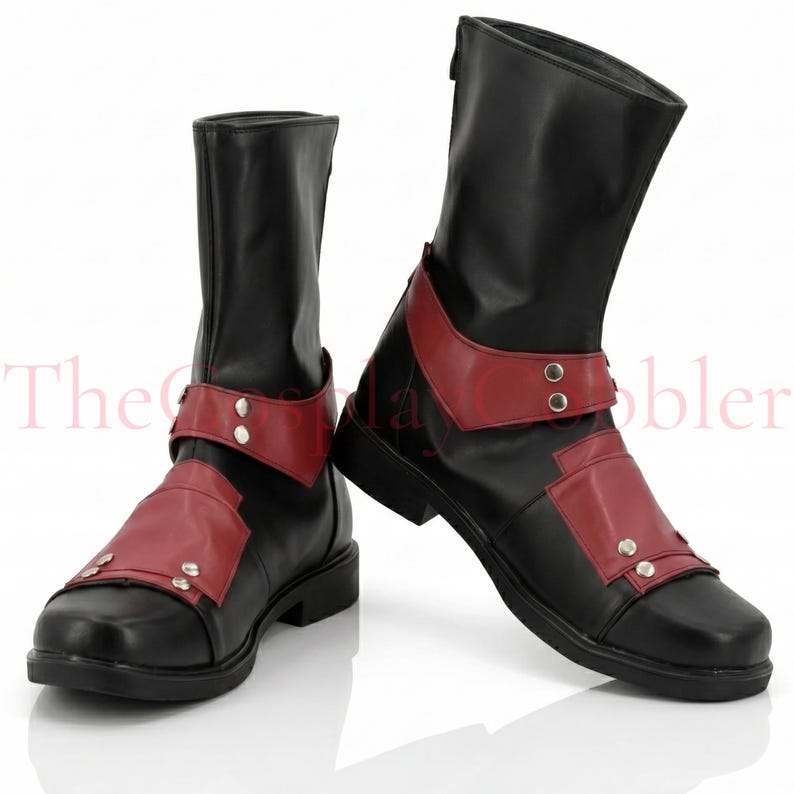 Custom red and black leather Deadpool cosplay boots, handmade for Halloween costumes, Comic Con, LARP events, and superhero convention cosplay. Iconic tactical anti-hero silhouette built to your exact measurements — foot length, width, instep, and heel circumference. All sizes available including wide and extra-large. Crafted by expert artisans. Free worldwide tariff-free shipping.