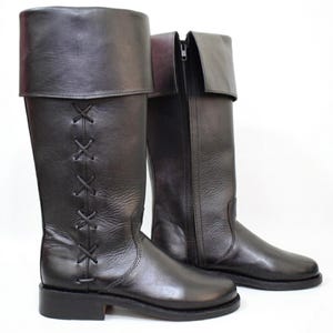 Black Genuine Leather Pirate Boots, Seafaring Cosplay Costume, Renaissance Faire LARP Footwear, Halloween Costume Boots