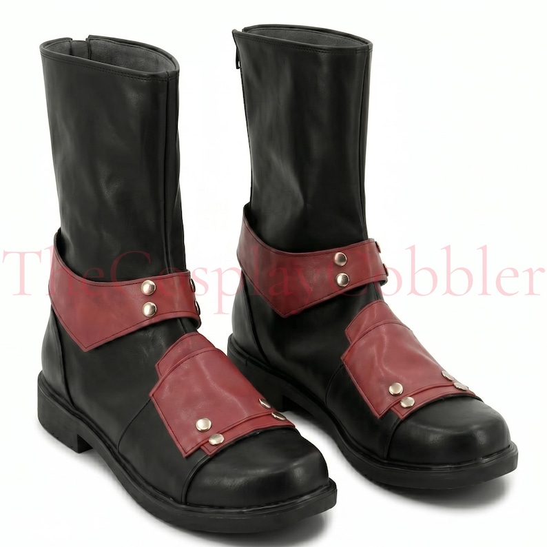 Custom red and black leather Deadpool cosplay boots, handmade for Halloween costumes, Comic Con, LARP events, and superhero convention cosplay. Iconic tactical anti-hero silhouette built to your exact measurements — foot length, width, instep, and heel circumference. All sizes available including wide and extra-large. Crafted by expert artisans. Free worldwide tariff-free shipping.