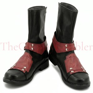 Custom red and black leather Deadpool cosplay boots, handmade for Halloween costumes, Comic Con, LARP events, and superhero convention cosplay. Iconic tactical anti-hero silhouette built to your exact measurements — foot length, width, instep, and heel circumference. All sizes available including wide and extra-large. Crafted by expert artisans. Free worldwide tariff-free shipping.