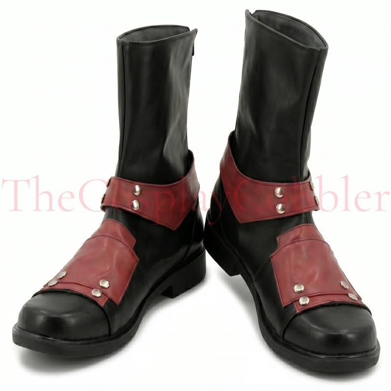 Custom red and black leather Deadpool cosplay boots, handmade for Halloween costumes, Comic Con, LARP events, and superhero convention cosplay. Iconic tactical anti-hero silhouette built to your exact measurements — foot length, width, instep, and heel circumference. All sizes available including wide and extra-large. Crafted by expert artisans. Free worldwide tariff-free shipping.