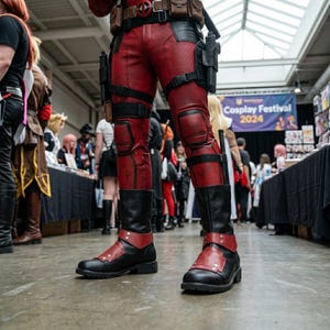 Custom red and black leather Deadpool cosplay boots, handmade for Halloween costumes, Comic Con, LARP events, and superhero convention cosplay. Iconic tactical anti-hero silhouette built to your exact measurements — foot length, width, instep, and heel circumference. All sizes available including wide and extra-large. Crafted by expert artisans. Free worldwide tariff-free shipping.