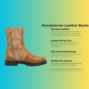 Custom Brown leather Mandalorian cosplay boots handmade for Halloween costumes, Comic Con, LARP events, and sci-fi convention cosplay. Rugged armored bounty hunter silhouette built to your exact measurements — foot length, width, instep and heel circumference. All sizes available including wide and extra-large. Crafted by expert artisans. Free worldwide tariff-free shipping.
