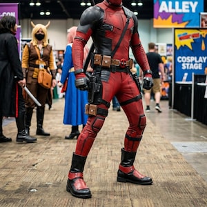 Custom red and black leather Deadpool cosplay boots, handmade for Halloween costumes, Comic Con, LARP events, and superhero convention cosplay. Iconic tactical anti-hero silhouette built to your exact measurements — foot length, width, instep, and heel circumference. All sizes available including wide and extra-large. Crafted by expert artisans. Free worldwide tariff-free shipping.