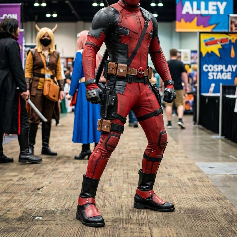 Custom red and black leather Deadpool cosplay boots, handmade for Halloween costumes, Comic Con, LARP events, and superhero convention cosplay. Iconic tactical anti-hero silhouette built to your exact measurements — foot length, width, instep, and heel circumference. All sizes available including wide and extra-large. Crafted by expert artisans. Free worldwide tariff-free shipping.