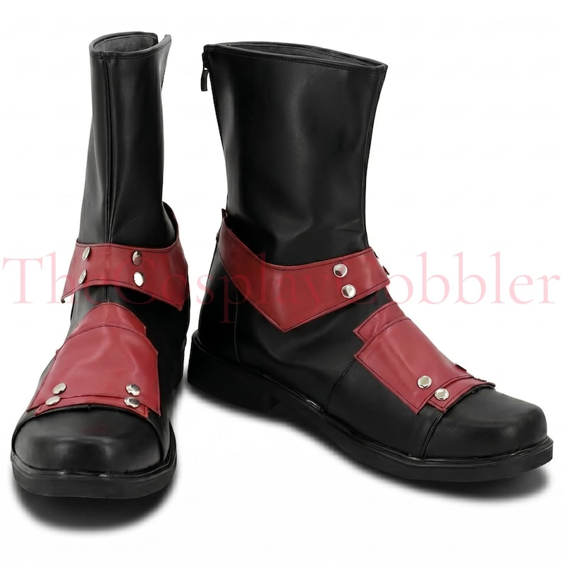 Custom red and black leather Deadpool cosplay boots, handmade for Halloween costumes, Comic Con, LARP events, and superhero convention cosplay. Iconic tactical anti-hero silhouette built to your exact measurements — foot length, width, instep, and heel circumference. All sizes available including wide and extra-large. Crafted by expert artisans. Free worldwide tariff-free shipping.