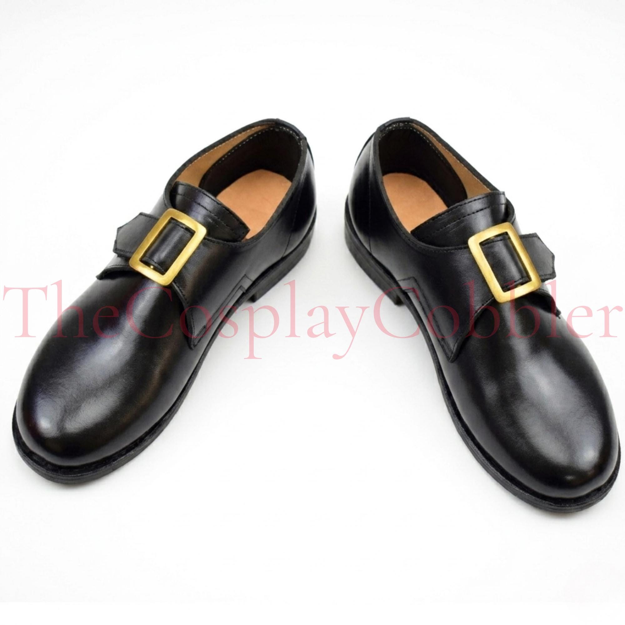 Black Genuine Leather Colonial Buckle Shoes, 18th Century American 