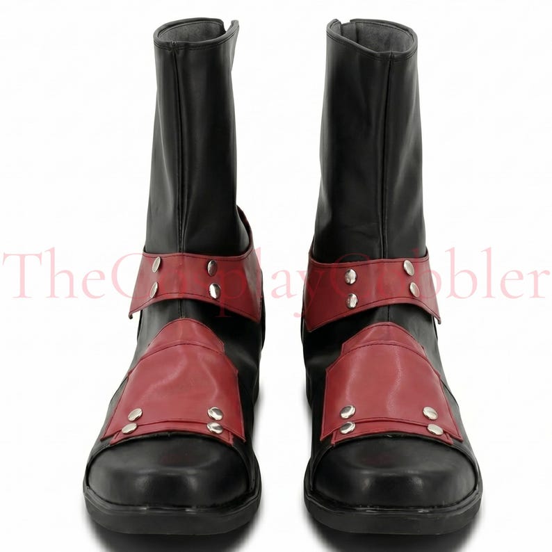 Custom red and black leather Deadpool cosplay boots, handmade for Halloween costumes, Comic Con, LARP events, and superhero convention cosplay. Iconic tactical anti-hero silhouette built to your exact measurements — foot length, width, instep, and heel circumference. All sizes available including wide and extra-large. Crafted by expert artisans. Free worldwide tariff-free shipping.