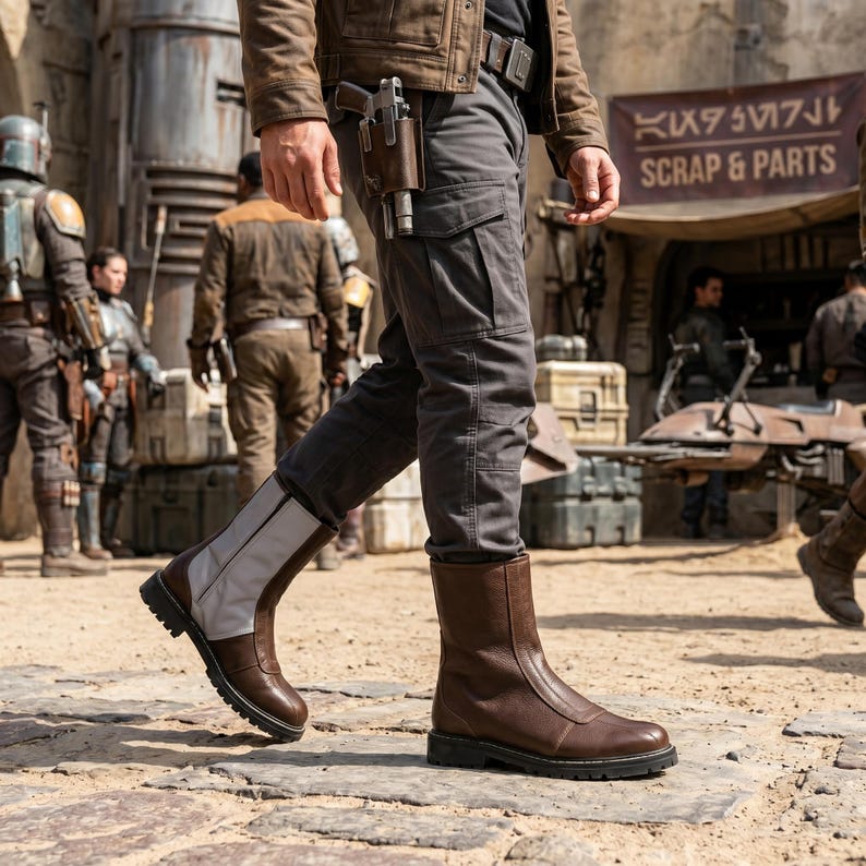 Custom brown leather Mandalorian cosplay boots handmade for Halloween costumes, Comic Con, LARP events, and sci-fi convention cosplay. Rugged armored bounty hunter silhouette built to your exact measurements — foot length, width, instep and heel circumference. All sizes available including wide and extra-large. Crafted by expert artisans. Free worldwide tariff-free shipping.