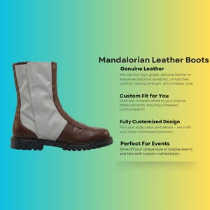 Custom brown leather Mandalorian cosplay boots handmade for Halloween costumes, Comic Con, LARP events, and sci-fi convention cosplay. Rugged armored bounty hunter silhouette built to your exact measurements — foot length, width, instep and heel circumference. All sizes available including wide and extra-large. Crafted by expert artisans. Free worldwide tariff-free shipping.