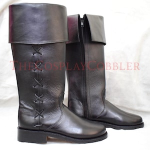 Custom-Made Pirate Boots, Vintage Boots, Genuine Handmade Black Leather Tall Bart Boots, 18th Century Style Renaissance Faire Boots