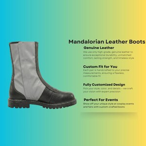 Custom black leather Mandalorian cosplay boots handmade for Halloween costumes, Comic Con, LARP events, and sci-fi convention cosplay. Rugged armored bounty hunter silhouette built to your exact measurements — foot length, width, instep and heel circumference. All sizes available including wide and extra-large. Crafted by expert artisans. Free worldwide tariff-free shipping.