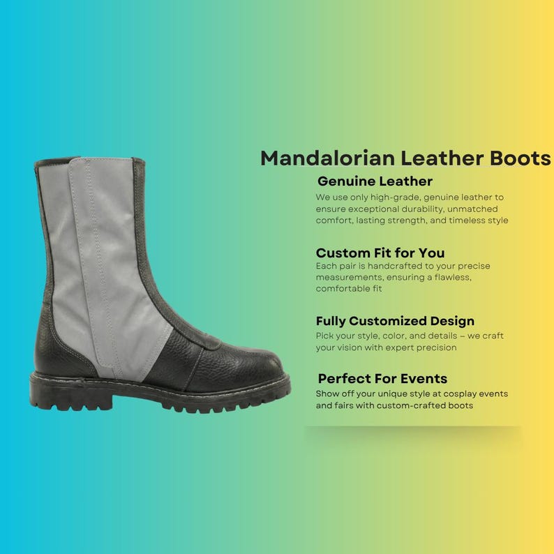 Custom black leather Mandalorian cosplay boots handmade for Halloween costumes, Comic Con, LARP events, and sci-fi convention cosplay. Rugged armored bounty hunter silhouette built to your exact measurements — foot length, width, instep and heel circumference. All sizes available including wide and extra-large. Crafted by expert artisans. Free worldwide tariff-free shipping.