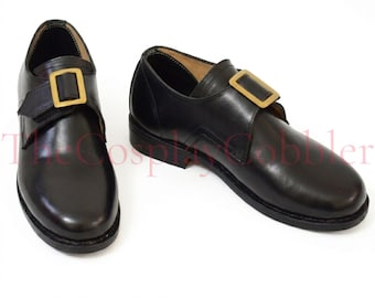 Zapatos coloniales con hebilla, calzado de cuero del siglo XVIII de la Guerra de Independencia, disfraz hecho a mano para recreación histórica, LARP (juego de rol en vivo) histórico estadounidense.
