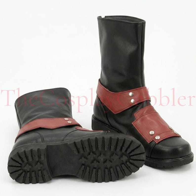 Custom red and black leather Deadpool cosplay boots, handmade for Halloween costumes, Comic Con, LARP events, and superhero convention cosplay. Iconic tactical anti-hero silhouette built to your exact measurements — foot length, width, instep, and heel circumference. All sizes available including wide and extra-large. Crafted by expert artisans. Free worldwide tariff-free shipping.