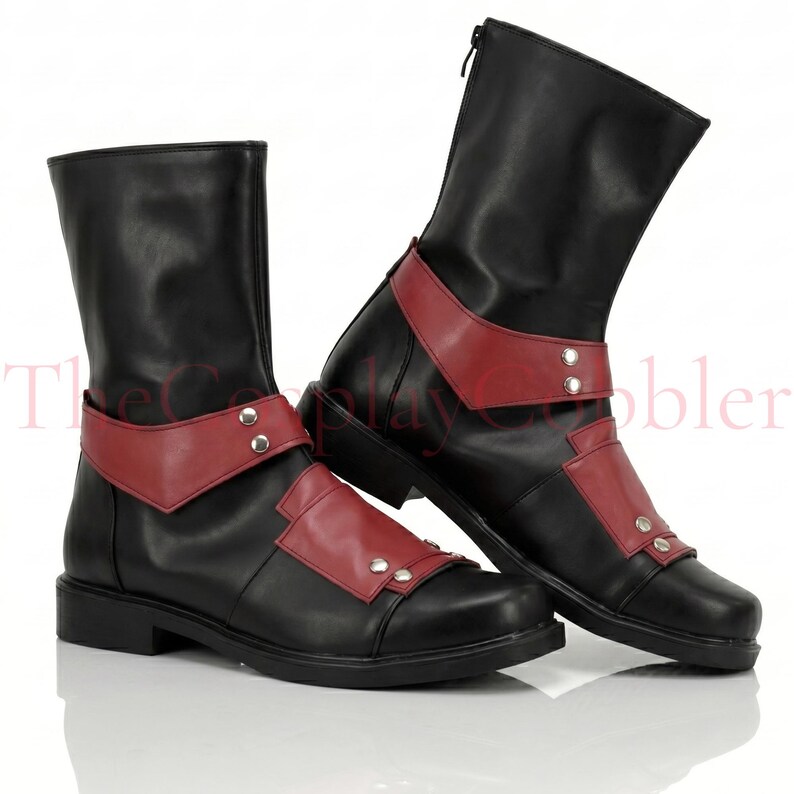 Custom red and black leather Deadpool cosplay boots, handmade for Halloween costumes, Comic Con, LARP events, and superhero convention cosplay. Iconic tactical anti-hero silhouette built to your exact measurements — foot length, width, instep, and heel circumference. All sizes available including wide and extra-large. Crafted by expert artisans. Free worldwide tariff-free shipping.