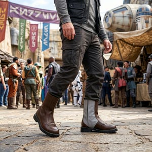 Custom brown leather Mandalorian cosplay boots handmade for Halloween costumes, Comic Con, LARP events, and sci-fi convention cosplay. Rugged armored bounty hunter silhouette built to your exact measurements — foot length, width, instep and heel circumference. All sizes available including wide and extra-large. Crafted by expert artisans. Free worldwide tariff-free shipping.