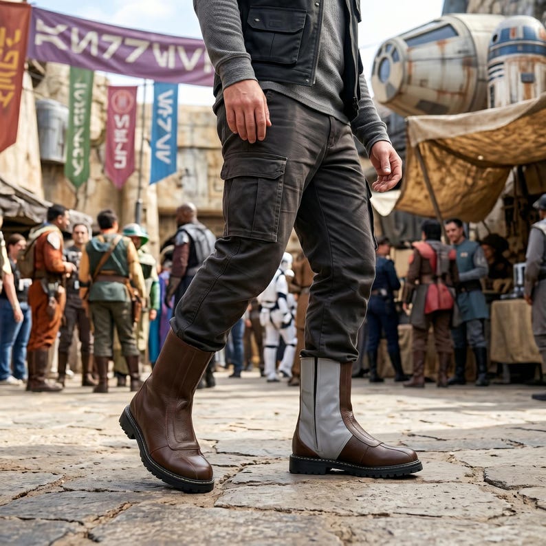 Custom brown leather Mandalorian cosplay boots handmade for Halloween costumes, Comic Con, LARP events, and sci-fi convention cosplay. Rugged armored bounty hunter silhouette built to your exact measurements — foot length, width, instep and heel circumference. All sizes available including wide and extra-large. Crafted by expert artisans. Free worldwide tariff-free shipping.