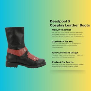 Custom red and black leather Deadpool cosplay boots, handmade for Halloween costumes, Comic Con, LARP events, and superhero convention cosplay. Iconic tactical anti-hero silhouette built to your exact measurements — foot length, width, instep, and heel circumference. All sizes available including wide and extra-large. Crafted by expert artisans. Free worldwide tariff-free shipping.