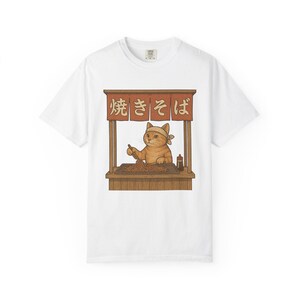 Japoński uliczny wózek z makaronem Kot Unisex T-shirt barwiony na ubraniach, Koszula Foodie, Koszulka Japan Lover, Top na festiwale, T-shirt Yatai