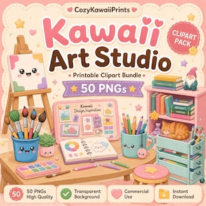 Puede incluir: Una ilustración digital de un paquete de imágenes prediseñadas Kawaii Art Studio que incluye un caballete de madera con un lienzo sonriente, un escritorio con materiales de arte, una estantería, un gato durmiendo y un carrito, con el texto Kawaii Art Studio.