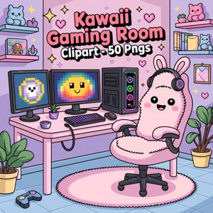 Puede incluir: Ilustración digital de una sala de juegos kawaii. La habitación presenta un escritorio rosa con dos monitores de computadora que muestran caras sonrientes pixeladas, una silla rosa esponjosa con orejas de conejo y un controlador de juegos. El texto dice "Kawaii Gaming Room Clipart - 50 Pngs."