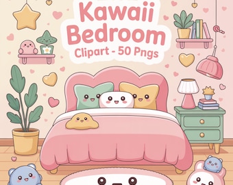 Kawaii Bedroom Clipart: 50 Pastel Furniture PNG Stickers (Digital Download)