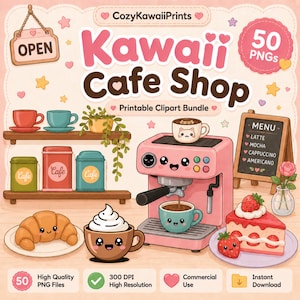 以下が含まれることがあります： 50個のPNGファイルを含むCozyKawaiiPrints Kawaii Cafe Shopというタイトルのデジタルクリップアートバンドル。画像には、ピンクのエスプレッソマシン、メニューボード、クロワッサン、イチゴのケーキ、コーヒーカップ、かわいい顔が描かれたキャニスターが表示されています。