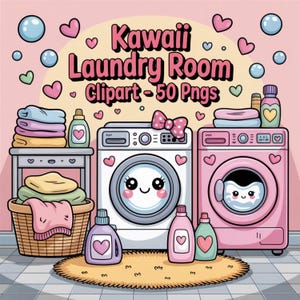 Kawaii Pralnia Clipart: Pastelowe Pralki PNG (Pobieranie Cyfrowe)