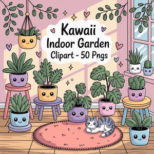 Kawaii Houseplant Clipart: Pastel Garden Decor (50 PNGs, Digital Download)