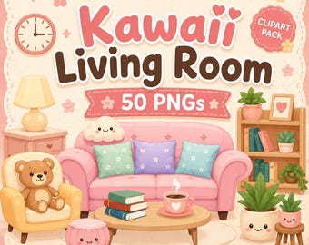 Paquete de imágenes prediseñadas para sala de estar, PNGs de hogar kawaii, descarga digital en tonos pastel